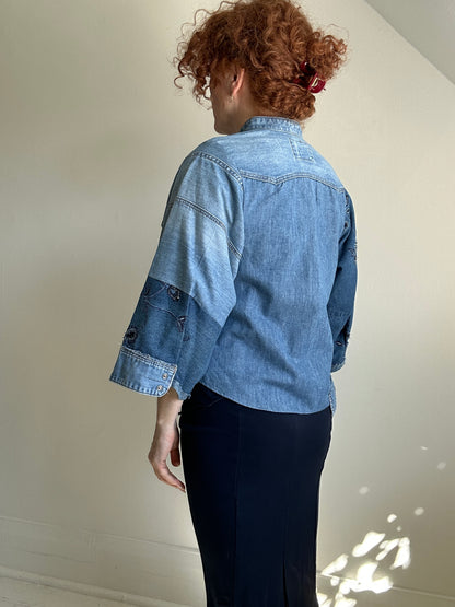 Ellis Reclaimed Patchwork Denim Shirt with Handstitching & Hand Dyed Twill Ribbon S/M #ELL15