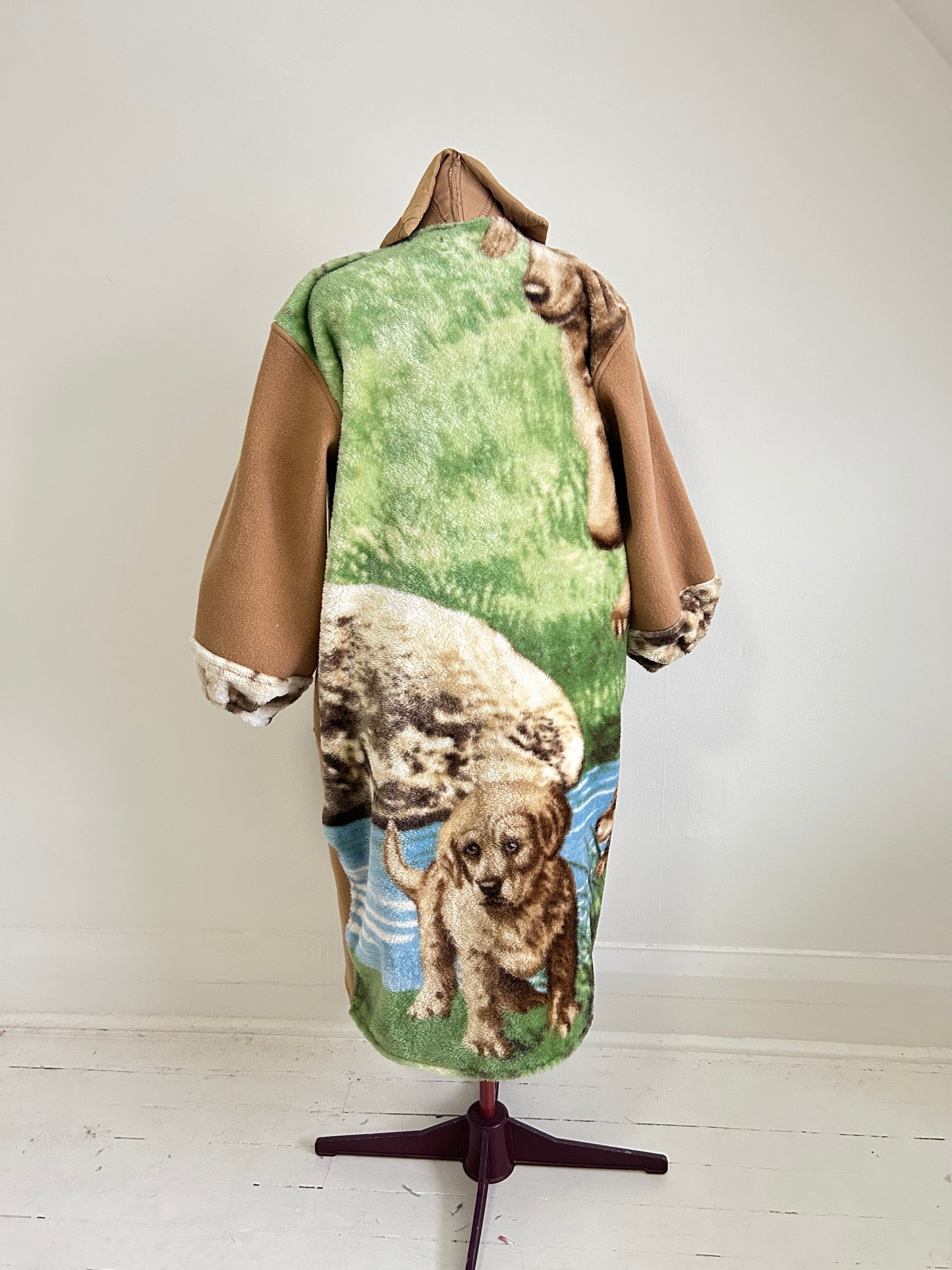 Vivianne Duster with Upcycled Fleece & Vintage Wool Blanket Puppy Theme Size XL/2X #CVDW23X30