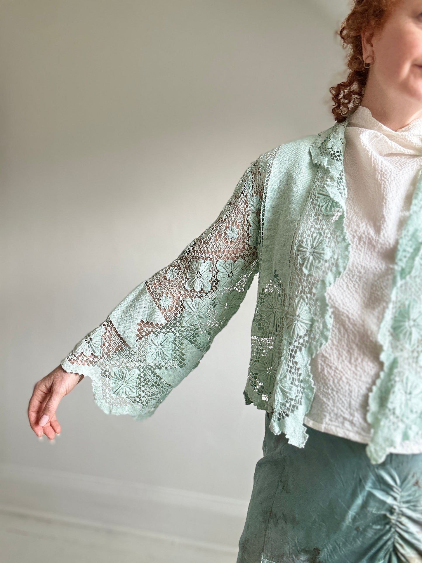 Vivianne Cropped Jacket Upcycled  Vintage Cotton Crochet Size S/M #VIVCR12