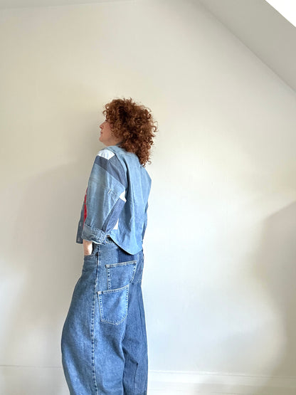 Ellis Reclaimed Patchwork Denim Shirt with Handstitching & Hand Dyed Twill Ribbon M/L #ELL4
