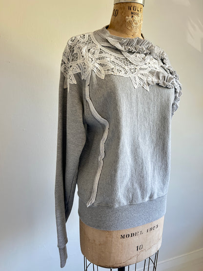 Ruffled & Battenburg Lace Upcycled Champion Sweatshirt XS/S #SWRXXS3