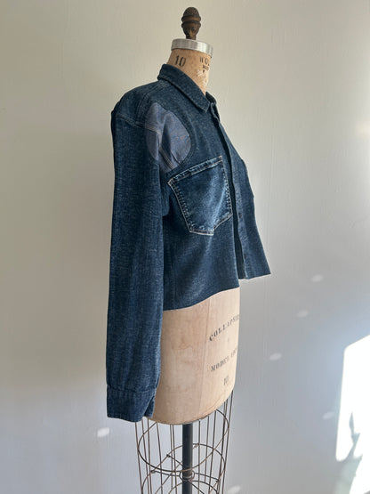 Upcycled Modern Workwear Cropped Denim Shirt - Circle Series Size L/XL #DENLXL2