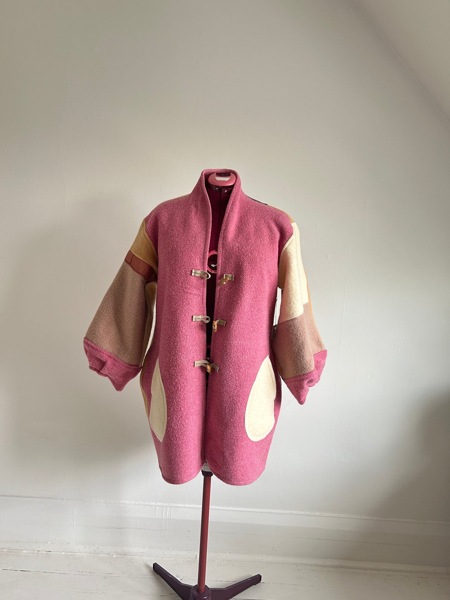 Vivianne Jacket with Upcycled Vintage Wool Patchwork & Leather & Wooden Toggles Size XL/2X #CVJWX2X56