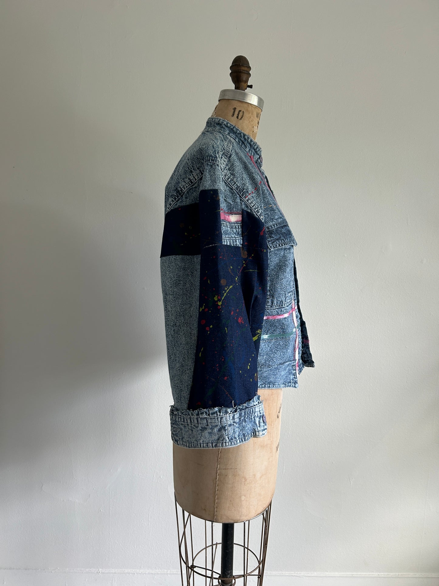 Ellis Reclaimed Patchwork Denim Shirt with Handstitching & Hand Dyed Twill Ribbon XS/S #ELL2