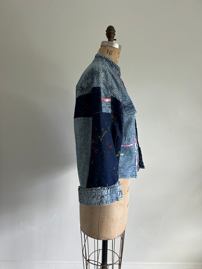 Ellis Reclaimed Patchwork Denim Shirt with Handstitching & Hand Dyed Twill Ribbon XS/S #ELL2