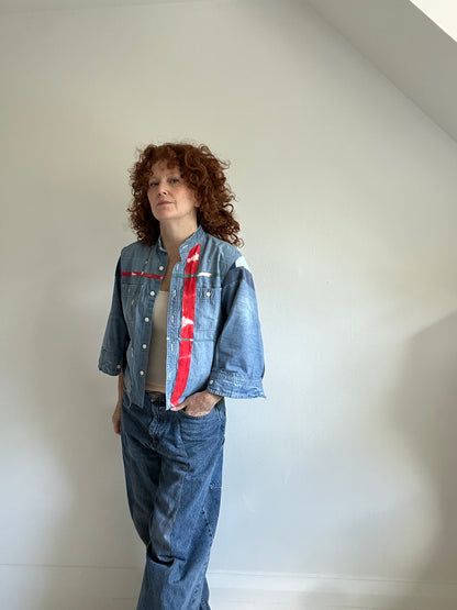 Ellis Reclaimed Patchwork Denim Shirt with Handstitching & Hand Dyed Twill Ribbon M/L #ELL4