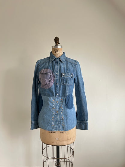 Upcycled Modern Workwear Denim Shirt - Circle Series Size S/M #DBSM5