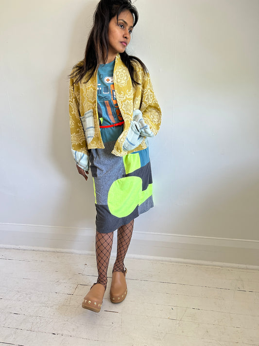 Vivianne Cropped Jacket with Upcycled Throw Blanket & Vintage Drapery Size S/M #VIVT1