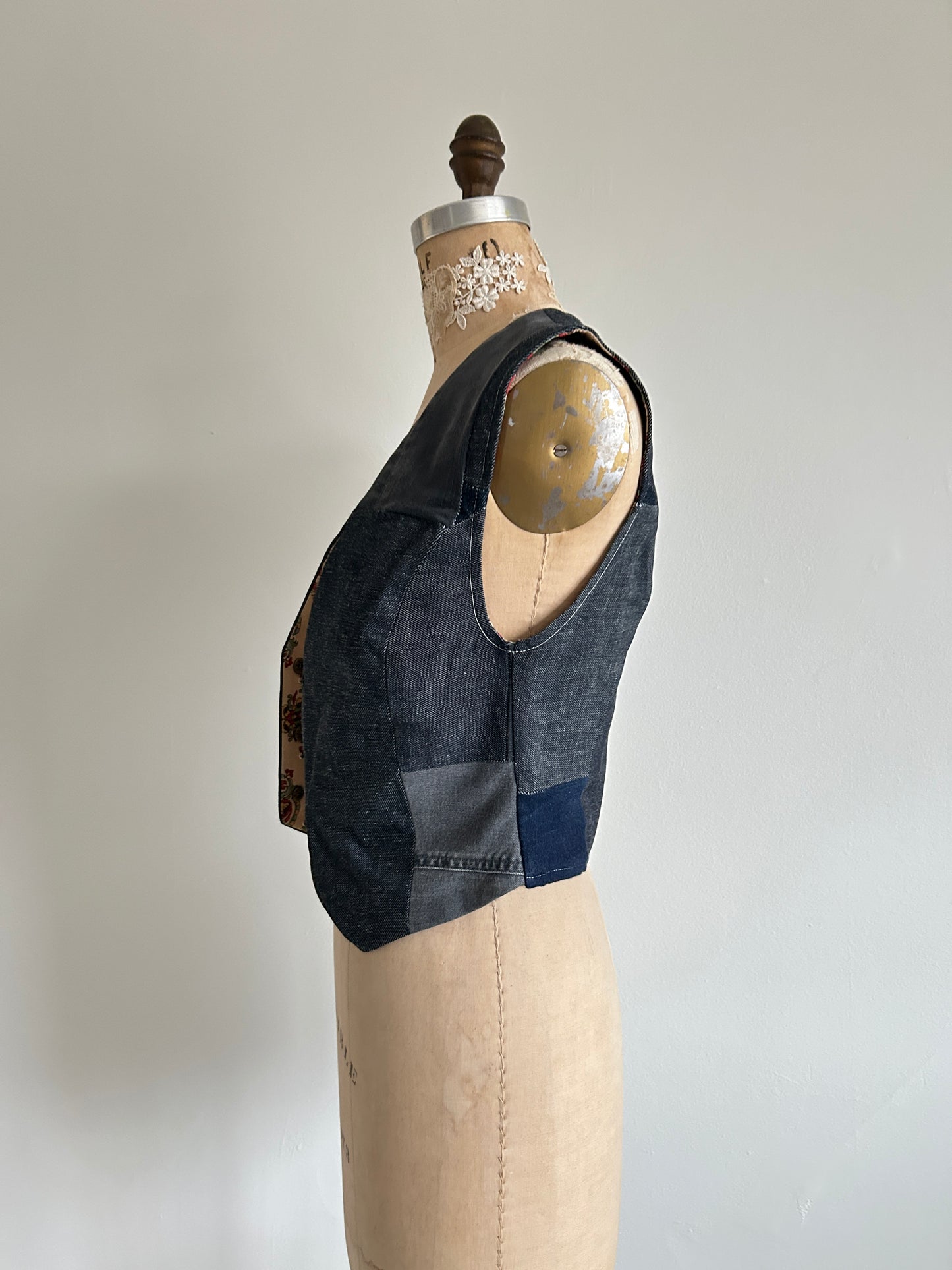 Leni Reclaimed Patchwork Denim Vest with Cotton Lining XS #DVXS12