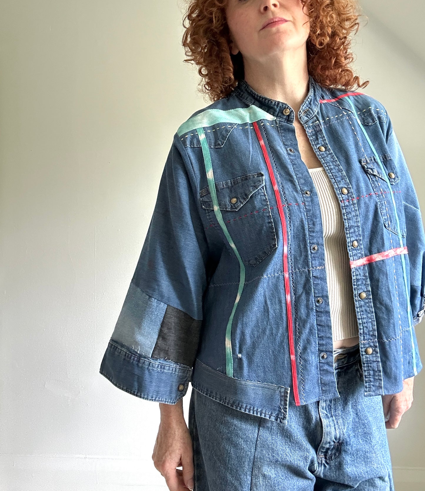 Ellis Reclaimed Patchwork Wrangler Denim Shirt with Handstitching & Hand Dyed Twill Ribbon XL/2X #ELL1