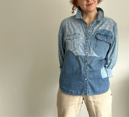 Upcycled Modern Workwear Cotton & Denim Shirt - Circle Series Size L/XL #DEN14