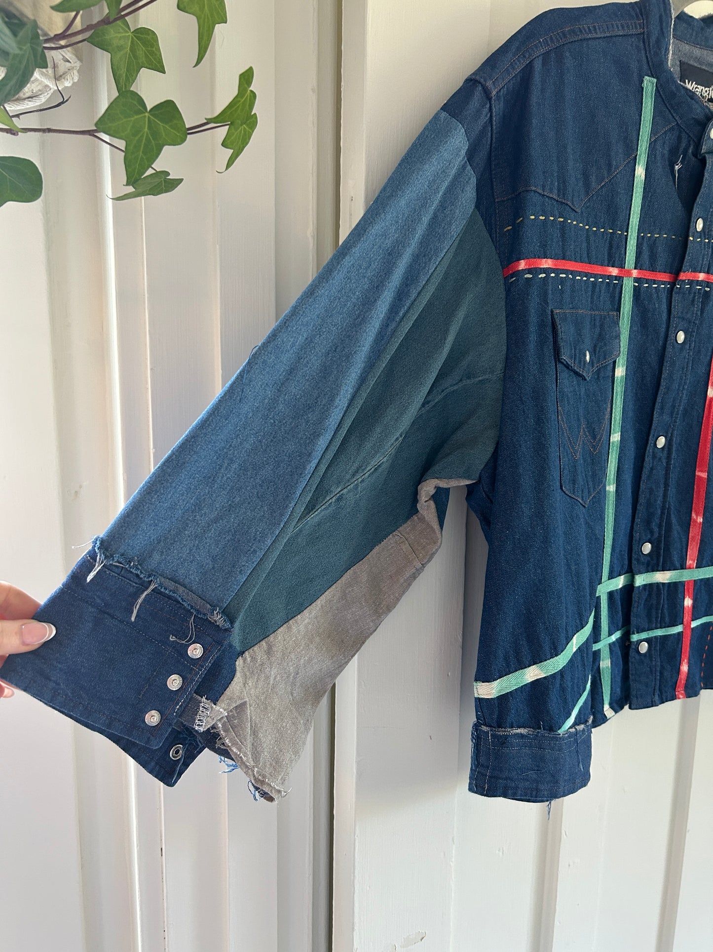Ellis Reclaimed Patchwork Wrangler Denim Shirt with Handstitching & Hand Dyed Twill Ribbon 2X/3X #ELL8