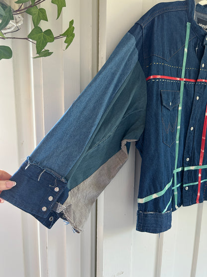 Ellis Reclaimed Patchwork Wrangler Denim Shirt with Handstitching & Hand Dyed Twill Ribbon 2X/3X #ELL8