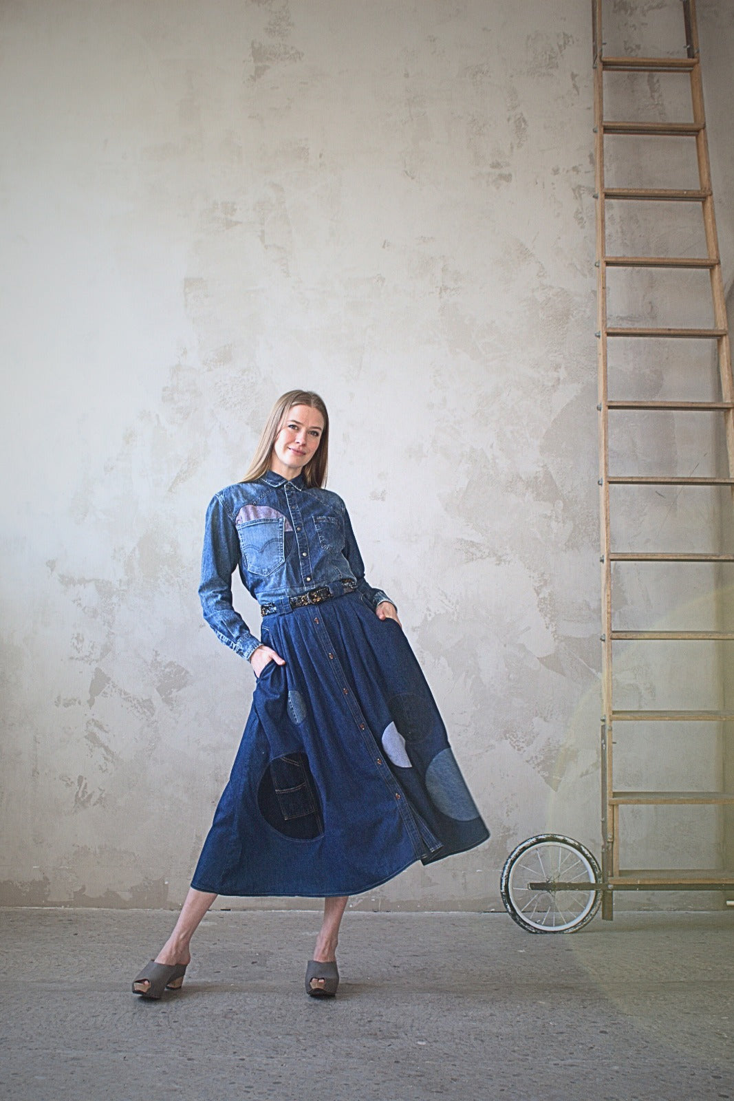 Upcycled Modern Workwear Denim Shirt - Circle Series Size M/L #DBML6