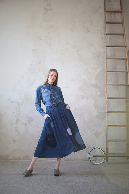 Upcycled Modern Workwear Denim Shirt - Circle Series Size M/L #DBML6