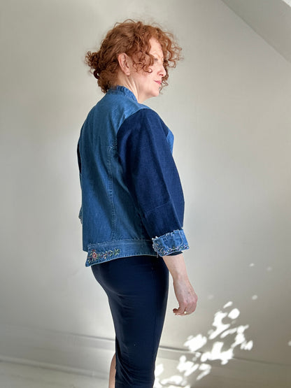 Ellis Reclaimed Patchwork Denim Shirt with Handstitching & Hand Dyed Twill Ribbon S/M #ELL16