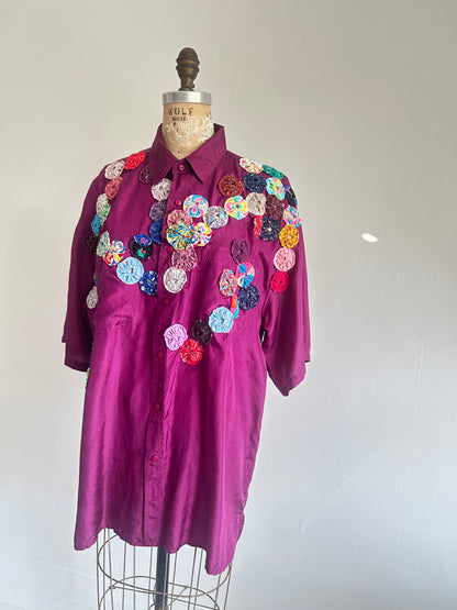Vintage Silk Blouse with YoYo Quilt Appliqué Size XL #YOYO2