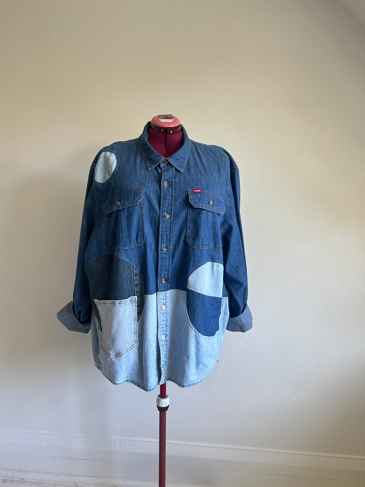 Upcycled Modern Workwear Wrangler Denim Shirt - Circle Series Size 2X/3X #DEN3X6