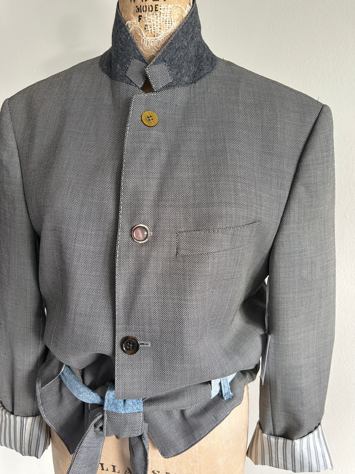 Cropped Upcycled Club Monaco Wool Blazer with Denim Belt Size M/L #BLAZML2