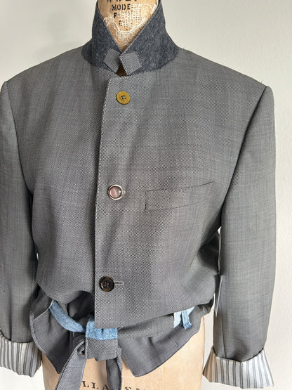 Cropped Upcycled Club Monaco Wool Blazer with Denim Belt Size M/L #BLAZML2