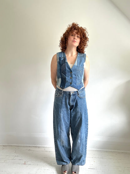 Leni Reclaimed Patchwork Denim Vest with Cotton Lining S/M #LENI3
