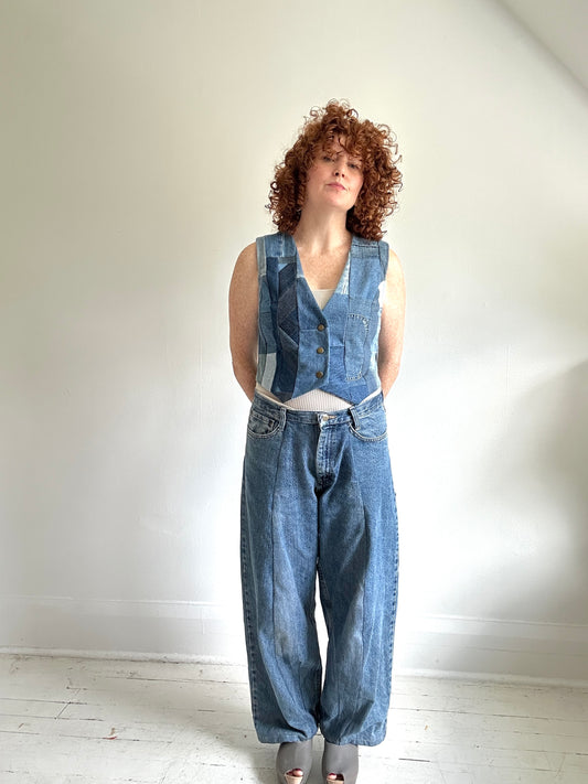 Leni Reclaimed Patchwork Denim Vest with Cotton Lining S/M #LENI3