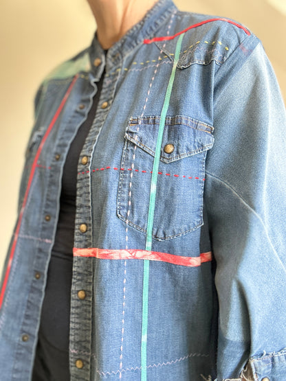 Ellis Reclaimed Patchwork Wrangler Denim Shirt with Handstitching & Hand Dyed Twill Ribbon XL/2X #ELL1