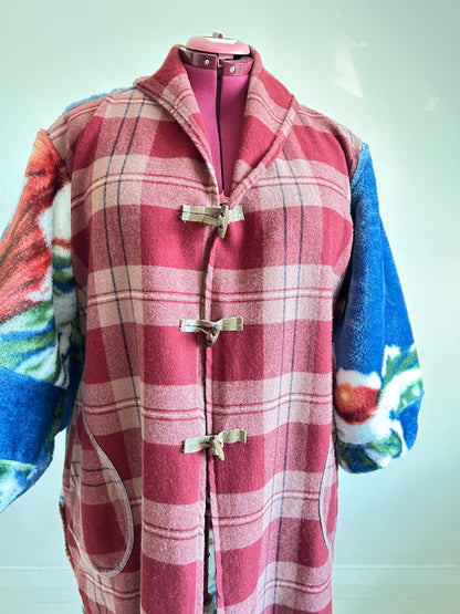 Vivianne Jacket with Upcycled Vintage & Fleece Wool Blanket & Leather & Wooden Toggles Cardinal Theme Size XL/2X #CVJWX2X48
