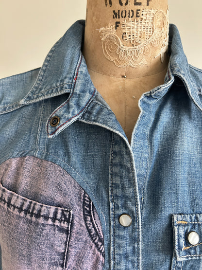 Upcycled Modern Workwear Denim Shirt - Circle Series Size S/M #DBSM5