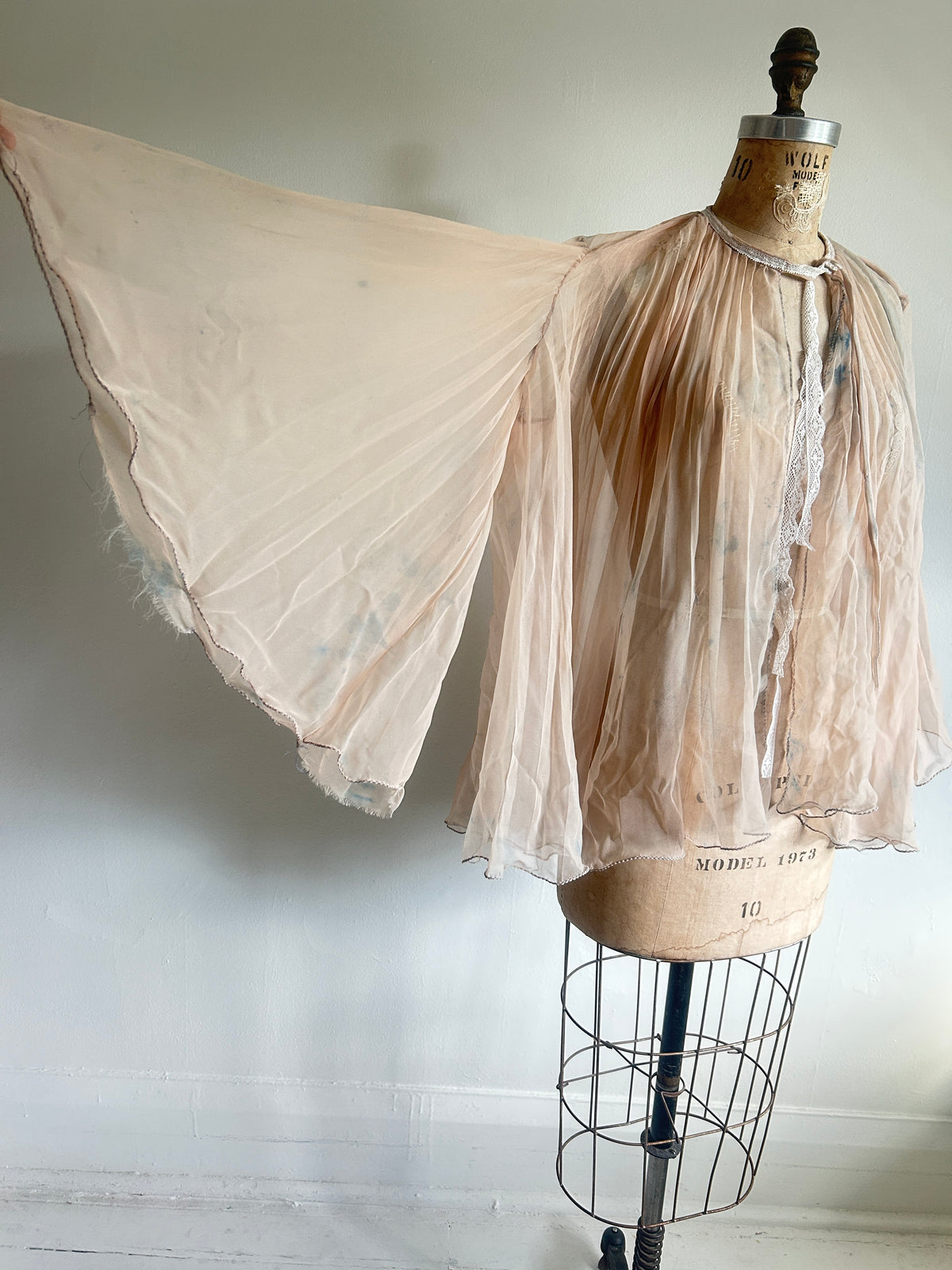 Ethereal Vintage Peachy Beige Sheer Hand dyed Pleated Top Size up to L #VIN2