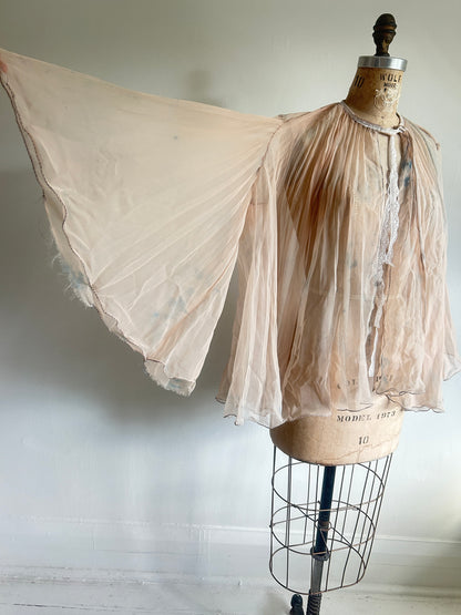 Ethereal Vintage Peachy Beige Sheer Hand dyed Pleated Top Size up to L #VIN2
