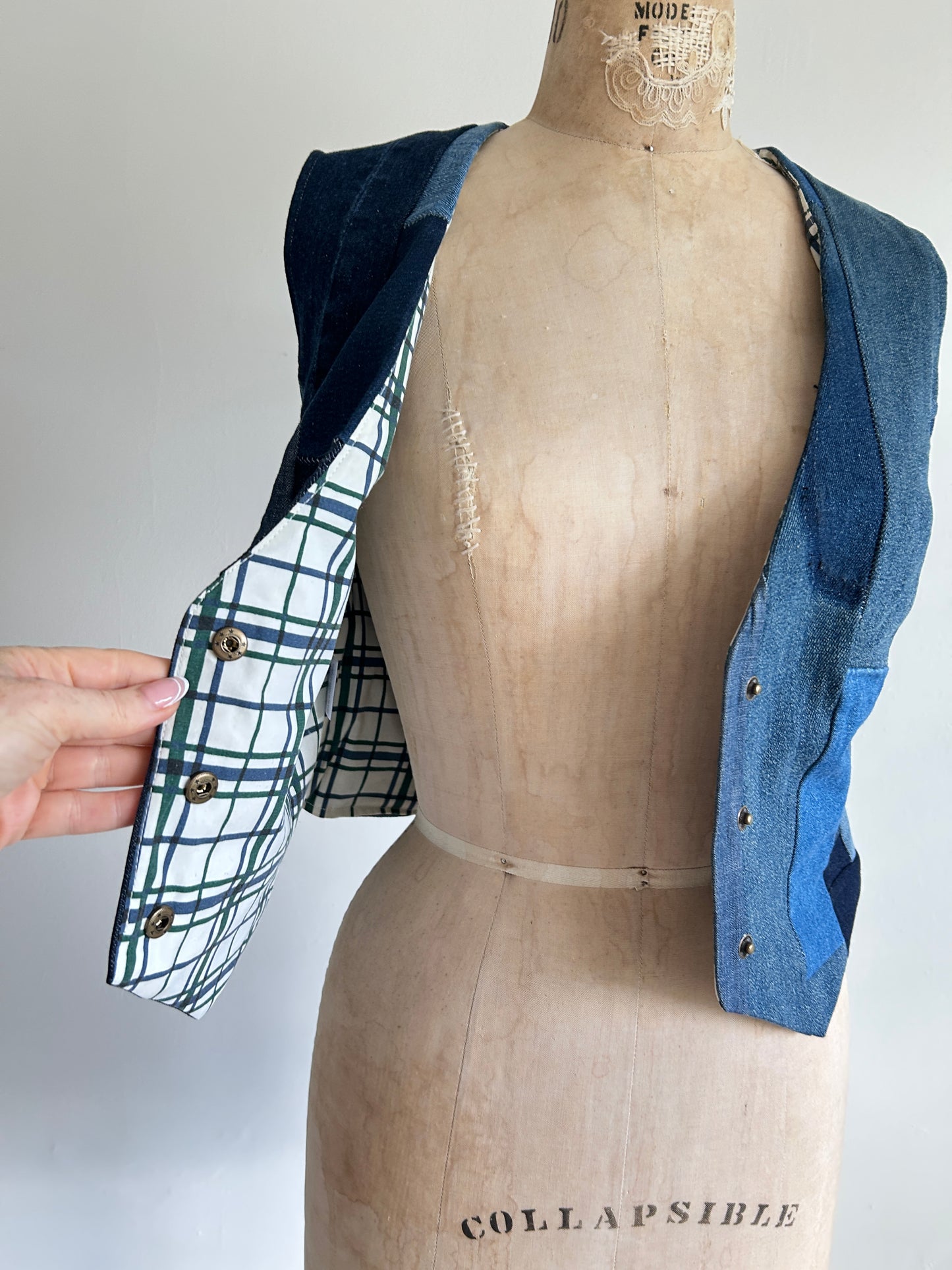 Leni Reclaimed Patchwork Denim Vest with Cotton Lining XS #LENI1