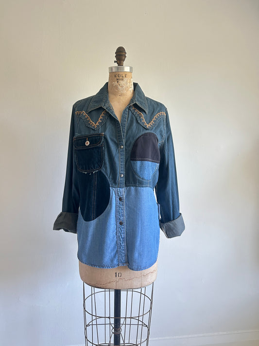 Upcycled Modern Workwear Wrangler Denim Shirt - Circle Series Size M/L #DBML4