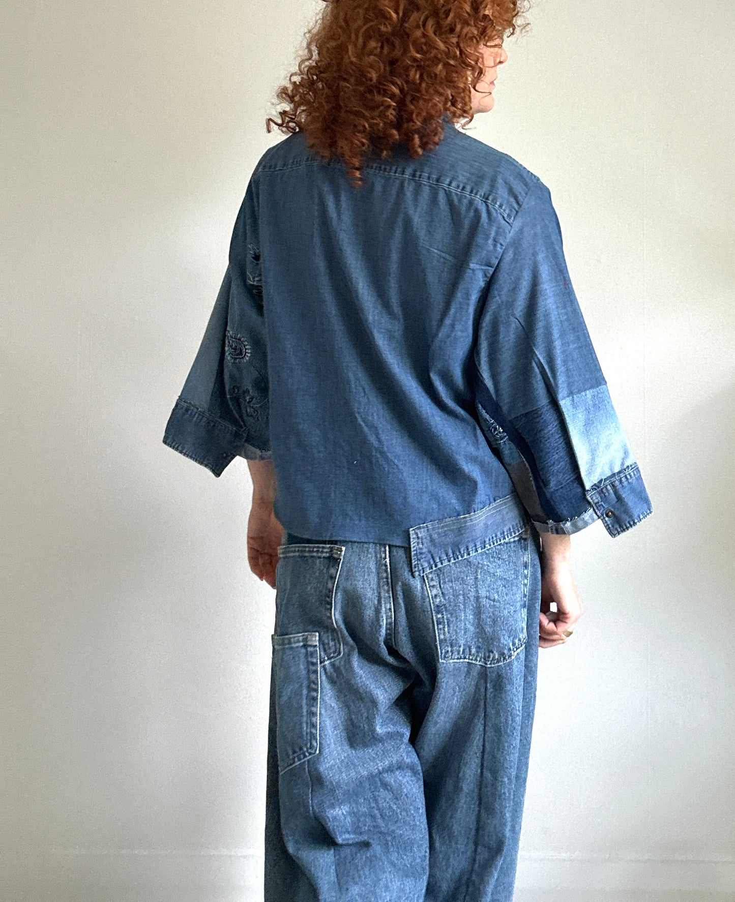 Ellis Reclaimed Patchwork Wrangler Denim Shirt with Handstitching & Hand Dyed Twill Ribbon XL/2X #ELL1