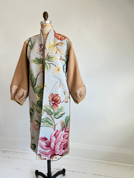 Vivianne Duster with Upcycled Floral Needlepoint, Vintage Wool & Dupioni Silk Size S/M #CVDWSM50