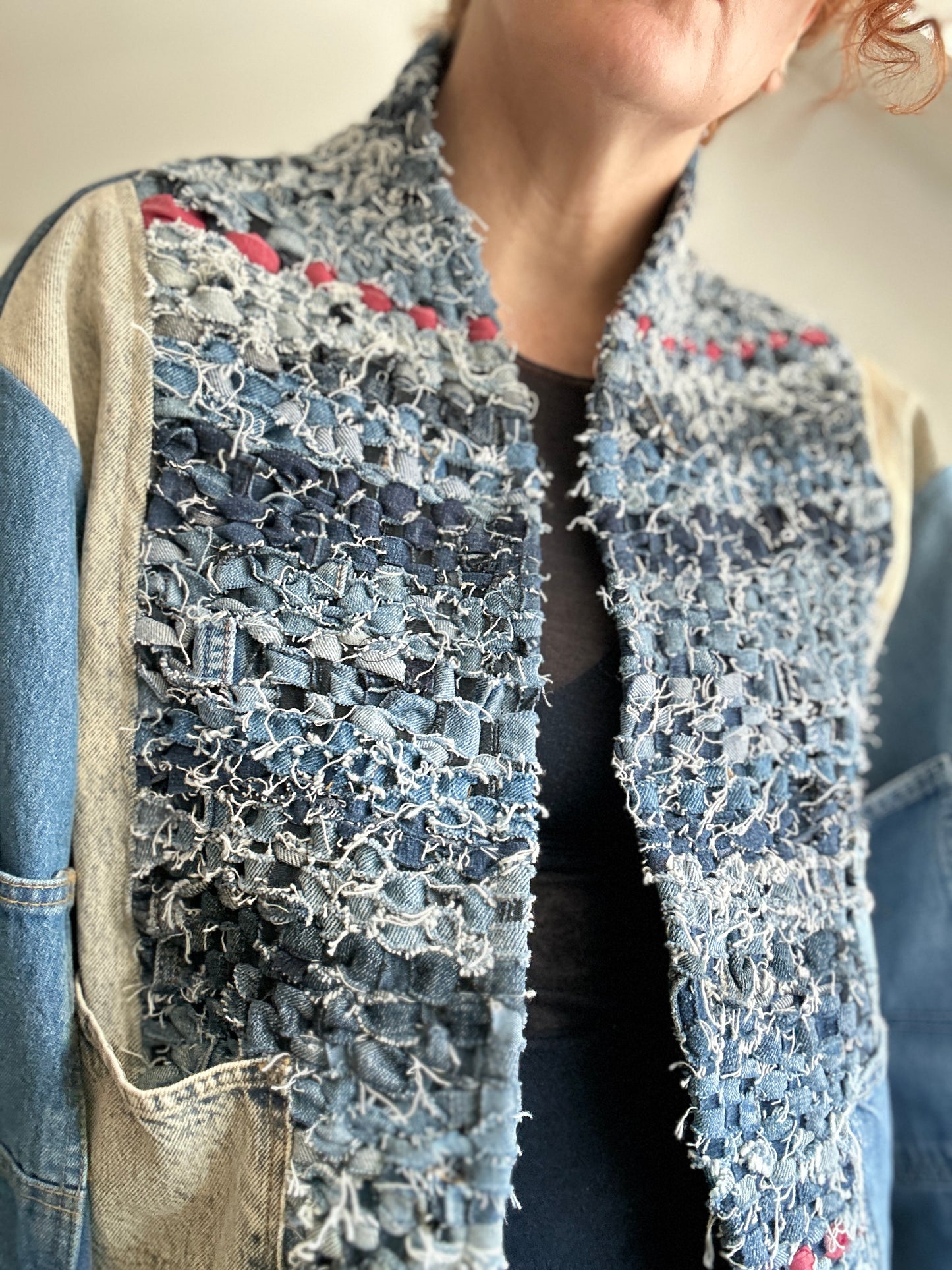 Vivianne Cropped Upcycled Woven Denim Jacket Size XL/2X #CVCDX2X101