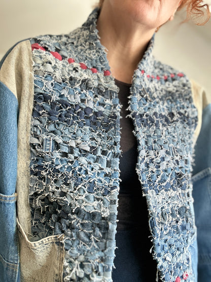Vivianne Cropped Upcycled Woven Denim Jacket Size XL/2X #CVCDX2X101