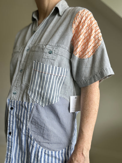 Upcycled Modern Workwear Cotton Shirt - Circle & Squares Series Size S/M #PIN14