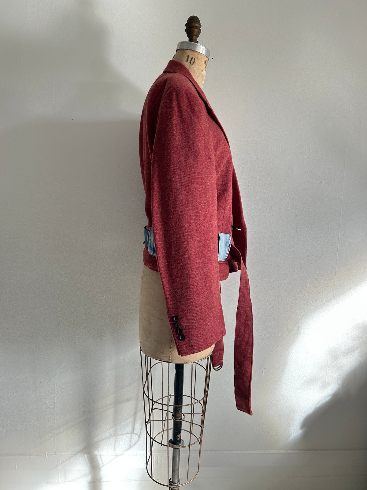 Cropped Upcycled Stafford LambsWool Blazer with Denim Belt Size L/XL #BLAZLXL3