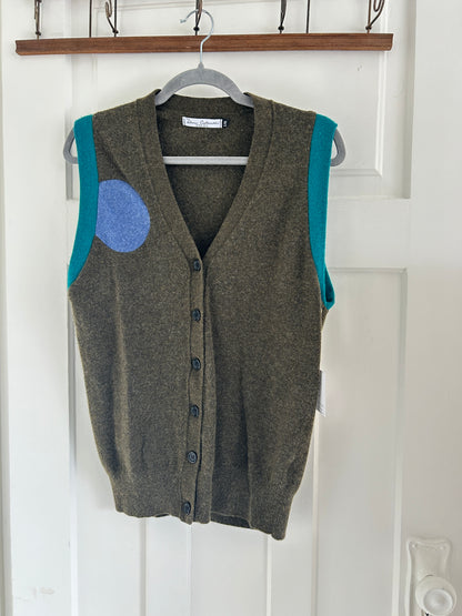 Abstract Art Patched Upcycled Cashmere Buttondown Vest Size L/XL #CAVLXL12