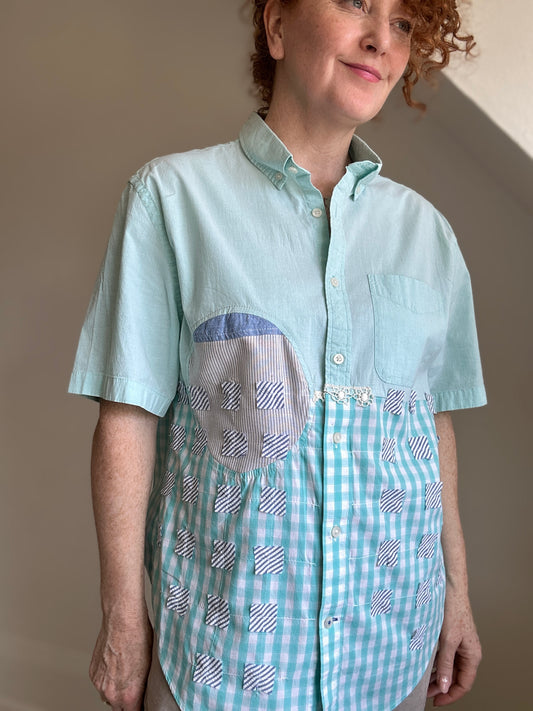 Upcycled Modern Workwear Cotton Shirt - Circle & Squares Series Size S/M #PIN12