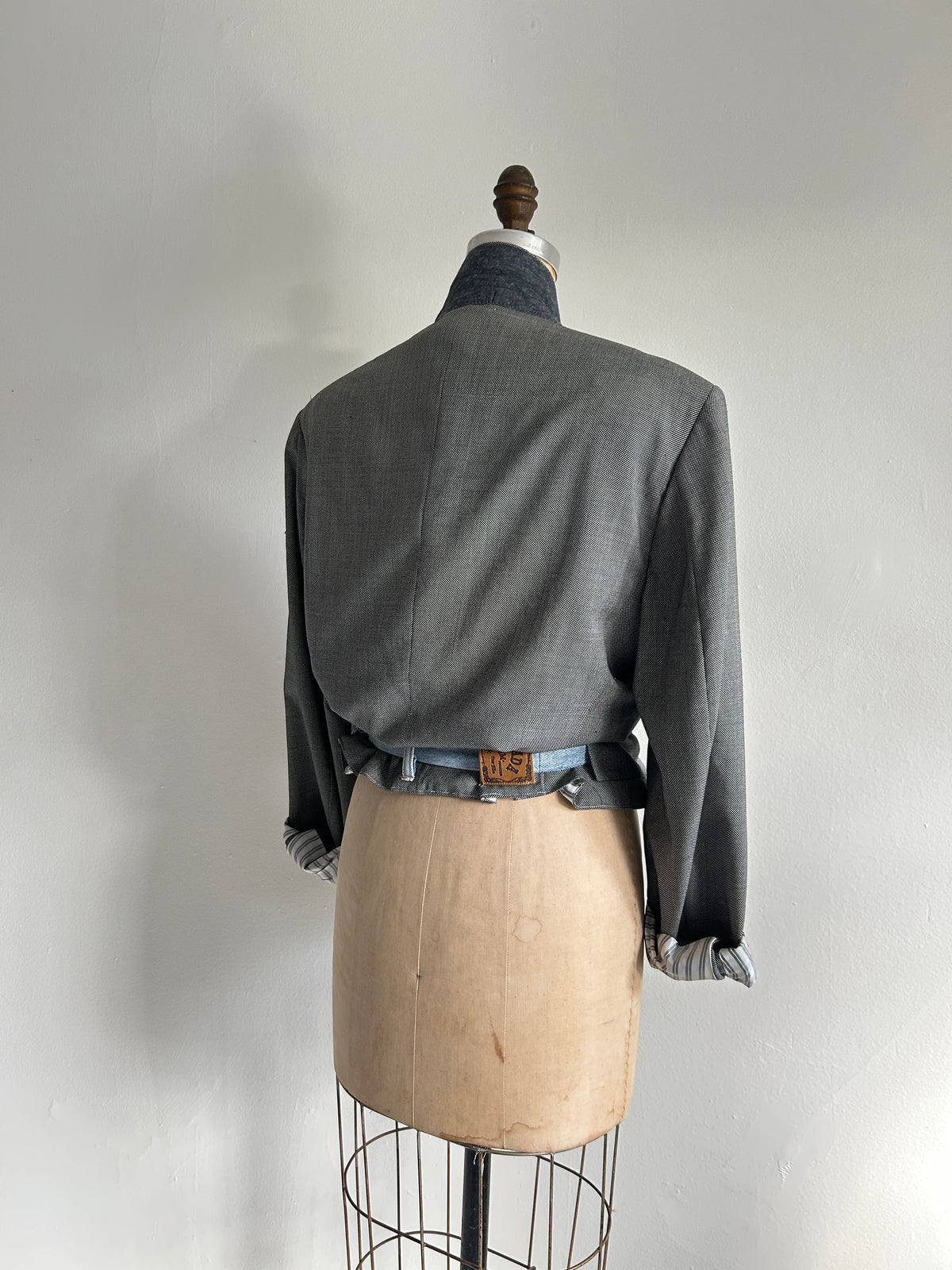 Cropped Upcycled Club Monaco Wool Blazer with Denim Belt Size M/L #BLAZML2