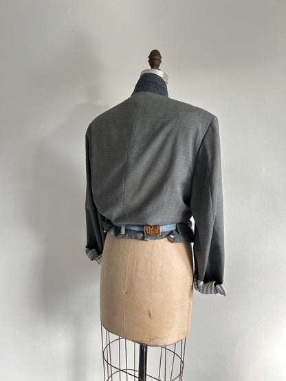 Cropped Upcycled Club Monaco Wool Blazer with Denim Belt Size M/L #BLAZML2