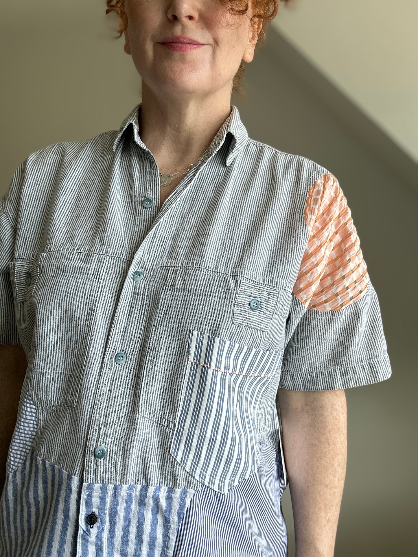 Upcycled Modern Workwear Cotton Shirt - Circle & Squares Series Size S/M #PIN14