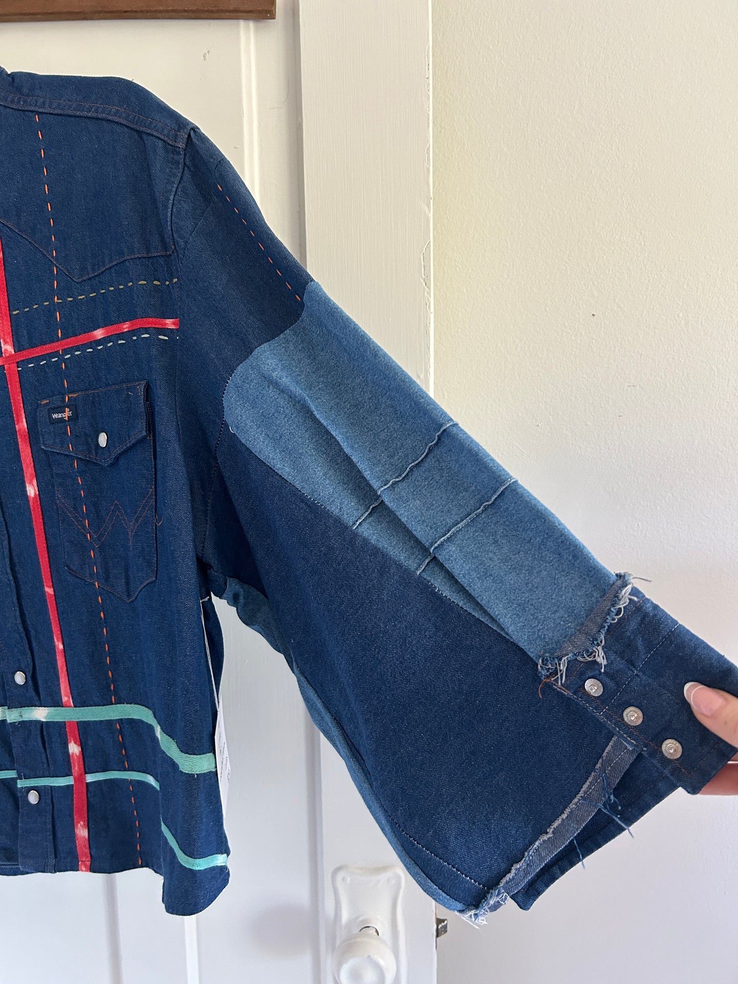 Ellis Reclaimed Patchwork Wrangler Denim Shirt with Handstitching & Hand Dyed Twill Ribbon 2X/3X #ELL8