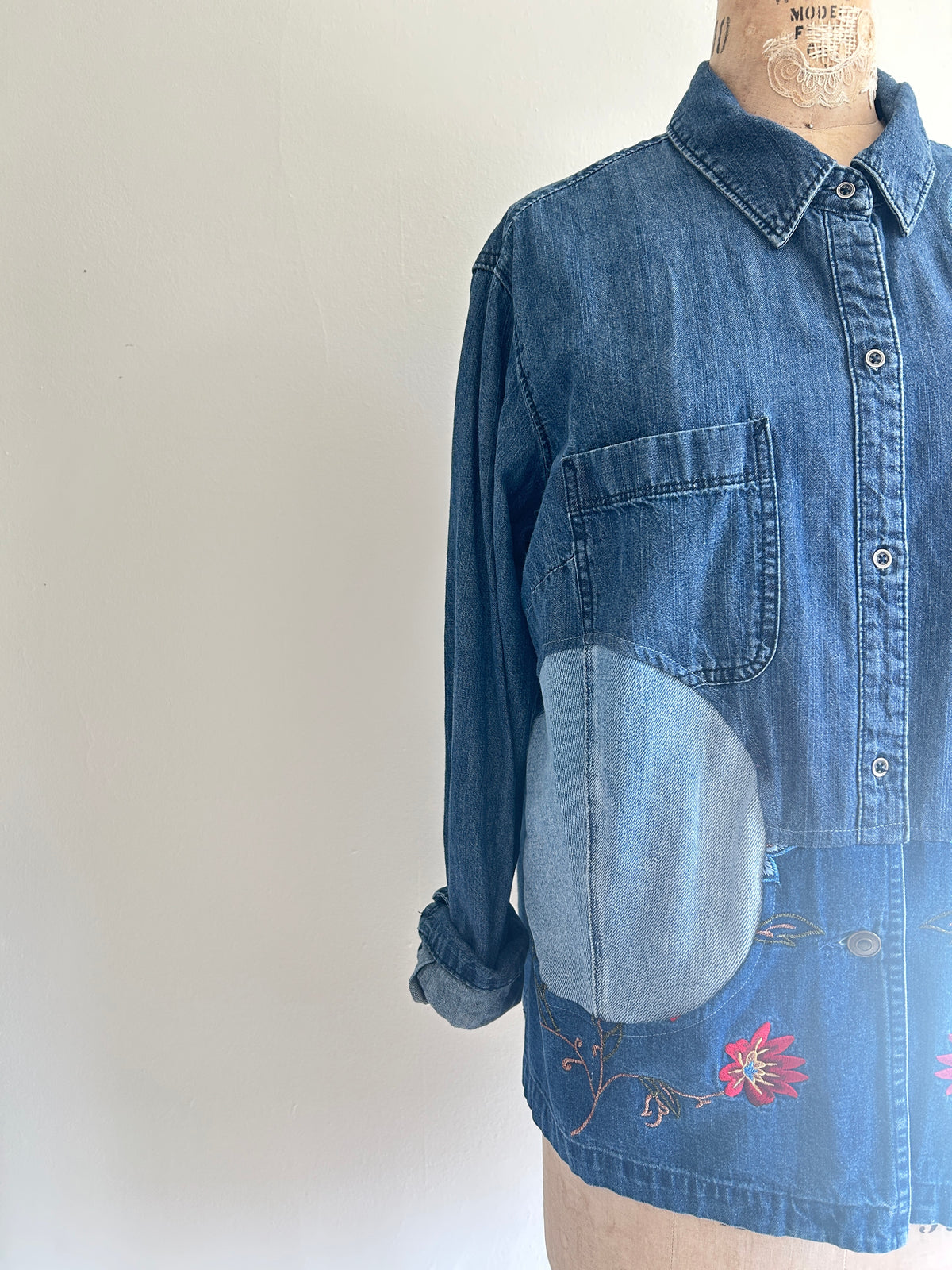 Upcycled Modern Workwear Denim Shirt - Circle Series Size L/XL #DENLXL1