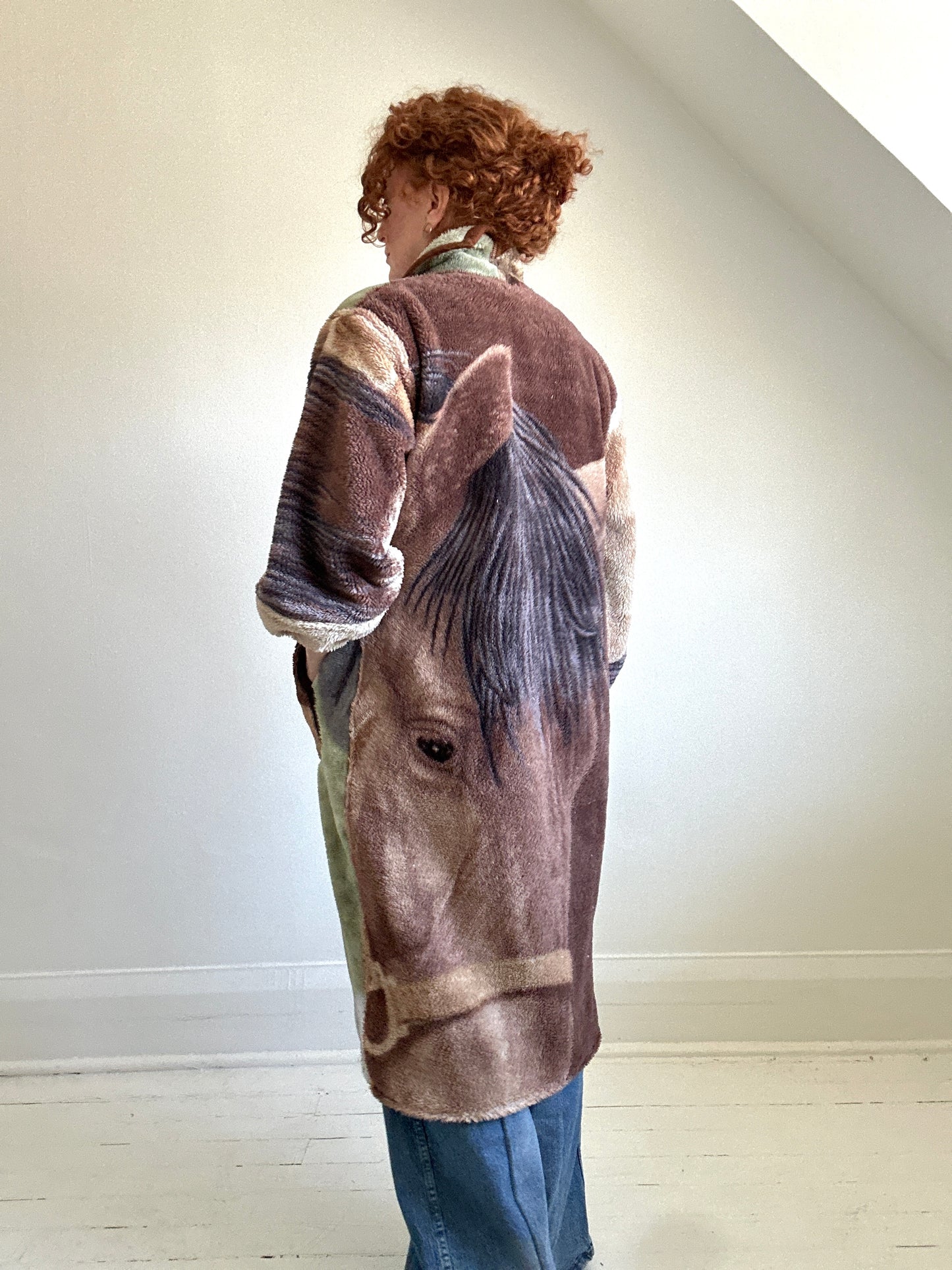 Vivianne Duster with Upcycled Fleece Blanket Horse Theme Size S/M #CVDFSM23
