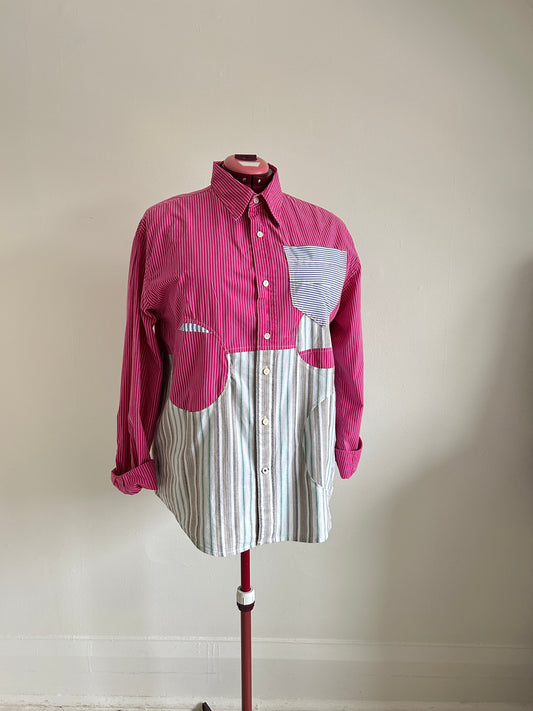 Upcycled Modern Workwear Pinstripe Shirt - Circle Series Size 2X/3X #PIN24