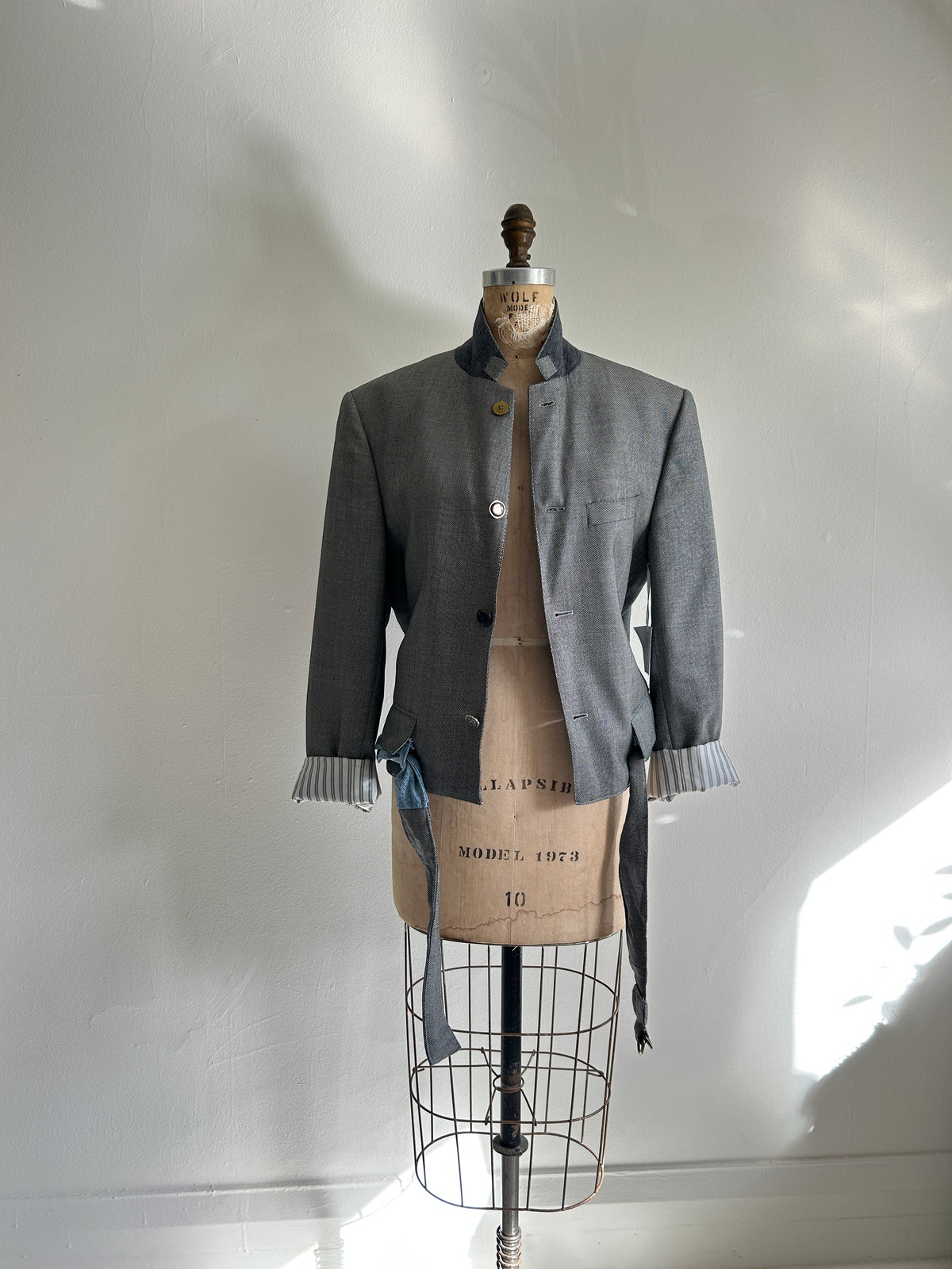 Cropped Upcycled Club Monaco Wool Blazer with Denim Belt Size M/L #BLAZML2