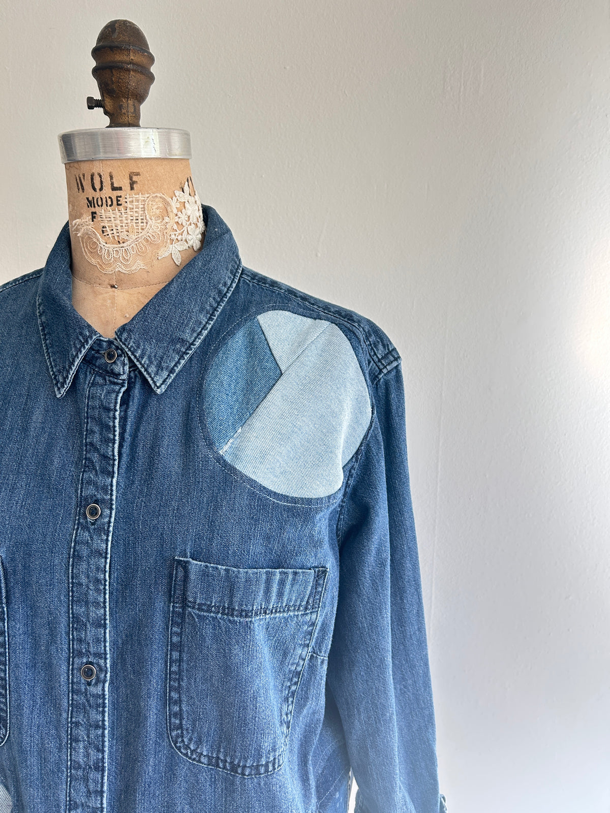 Upcycled Modern Workwear Denim Shirt - Circle Series Size L/XL #DENLXL1